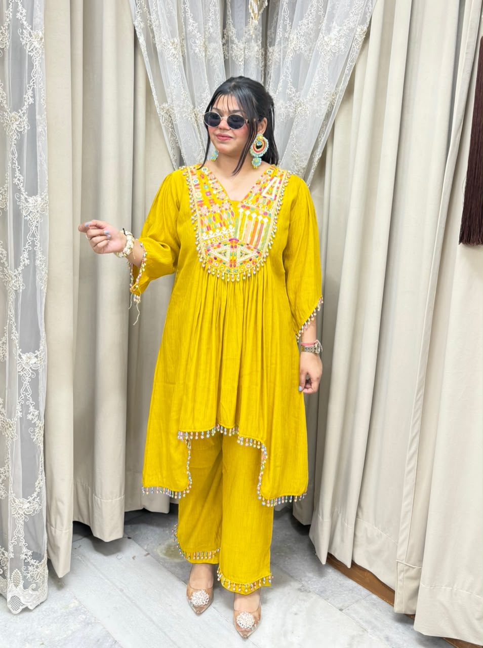 Designer Latkan Co-ord Set with Heavy Embroidered Yoke - Pure Chinon