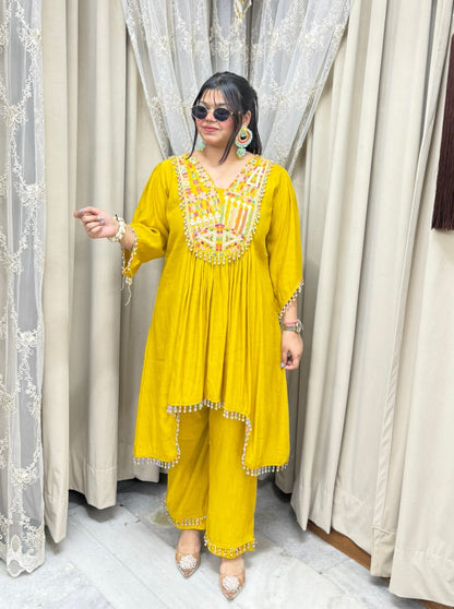 Designer Latkan Co-ord Set with Heavy Embroidered Yoke - Pure Chinon