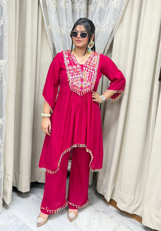 Designer Latkan Co-ord Set with Heavy Embroidered Yoke - Pure Chinon