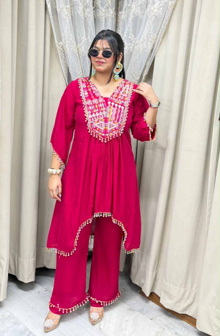 Designer Latkan Co-ord Set with Heavy Embroidered Yoke - Pure Chinon