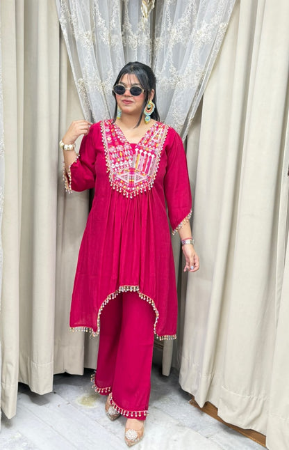 Designer Latkan Co-ord Set with Heavy Embroidered Yoke - Pure Chinon