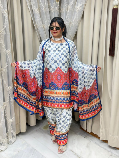 Designer Multicolored Printed Pure Poly Crepe Farshi Suit Set