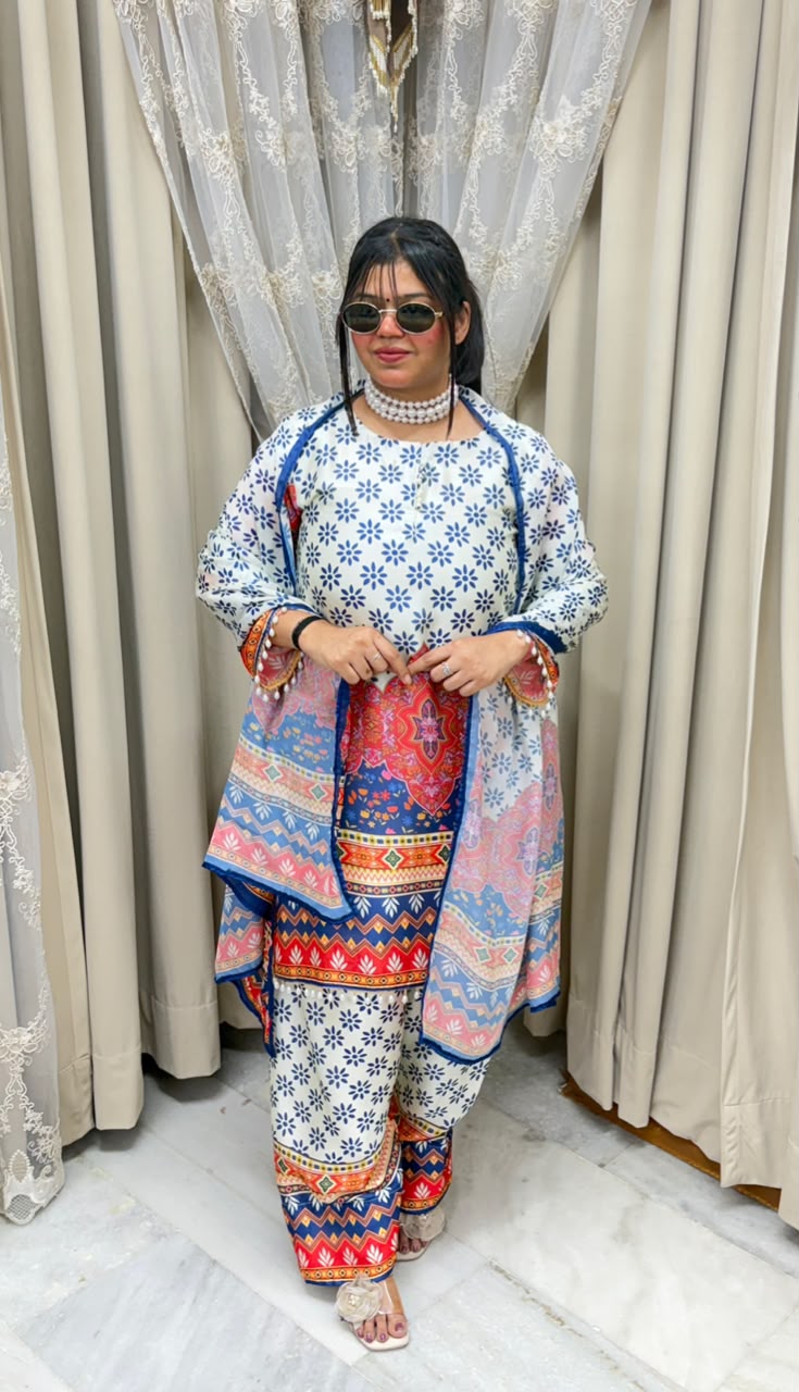 Designer Multicolored Printed Pure Poly Crepe Farshi Suit Set