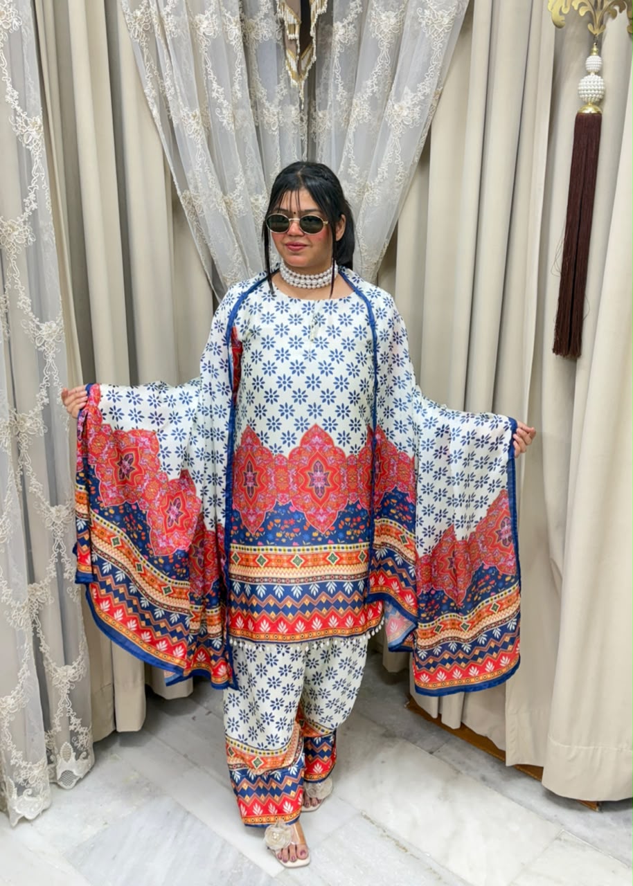 Designer Multicolored Printed Pure Poly Crepe Farshi Suit Set
