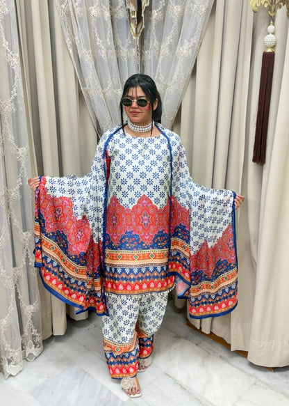 Designer Multicolored Printed Pure Poly Crepe Farshi Suit Set