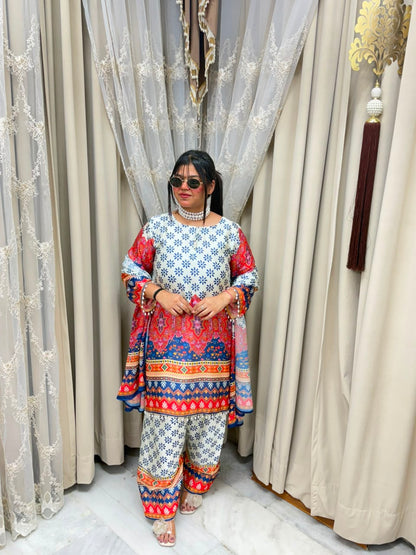 Designer Multicolored Printed Pure Poly Crepe Farshi Suit Set