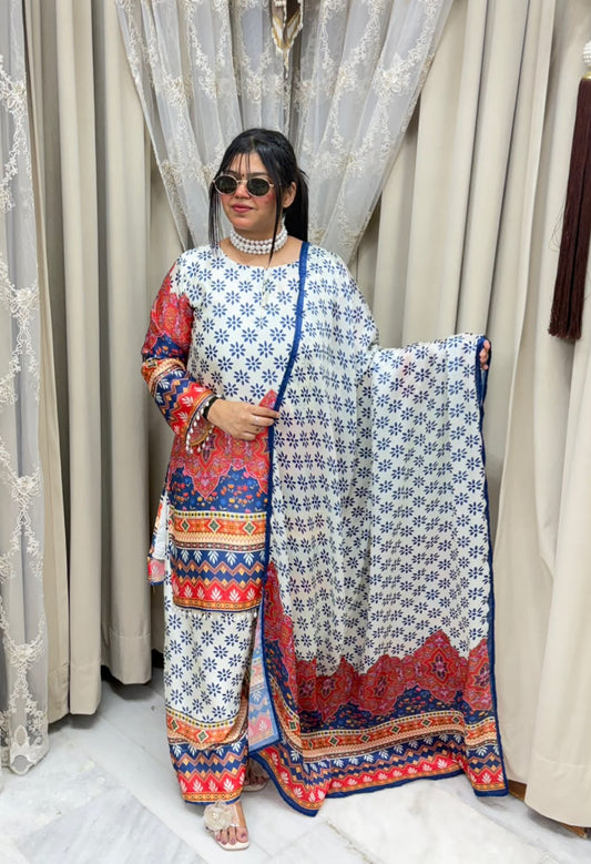Designer Multicolored Printed Pure Poly Crepe Farshi Suit Set