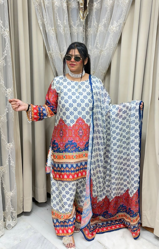 Designer Multicolored Printed Pure Poly Crepe Farshi Suit Set