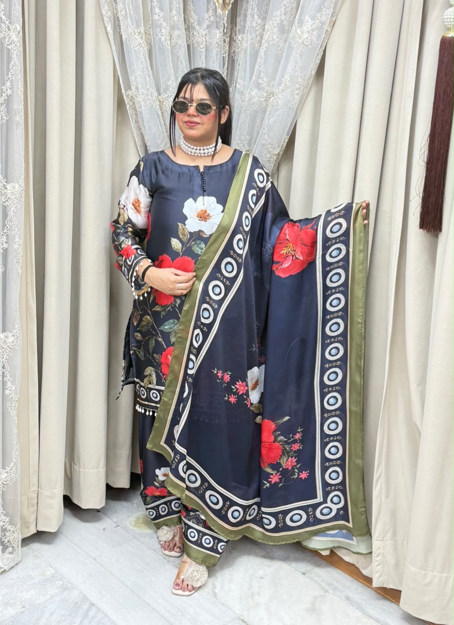 Designer Black Floral Printed Pure Poly Crepe Farshi Suit Set