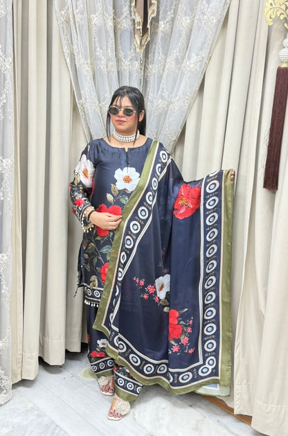 Designer Black Floral Printed Pure Poly Crepe Farshi Suit Set