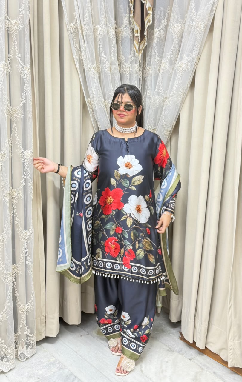 Designer Black Floral Printed Pure Poly Crepe Farshi Suit Set