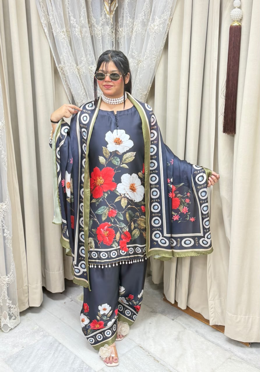 Designer Black Floral Printed Pure Poly Crepe Farshi Suit Set
