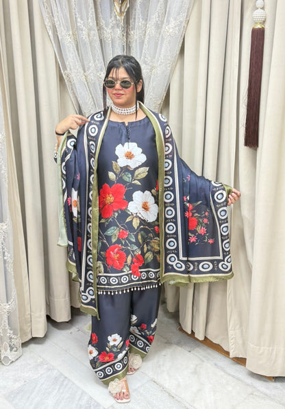 Designer Black Floral Printed Pure Poly Crepe Farshi Suit Set