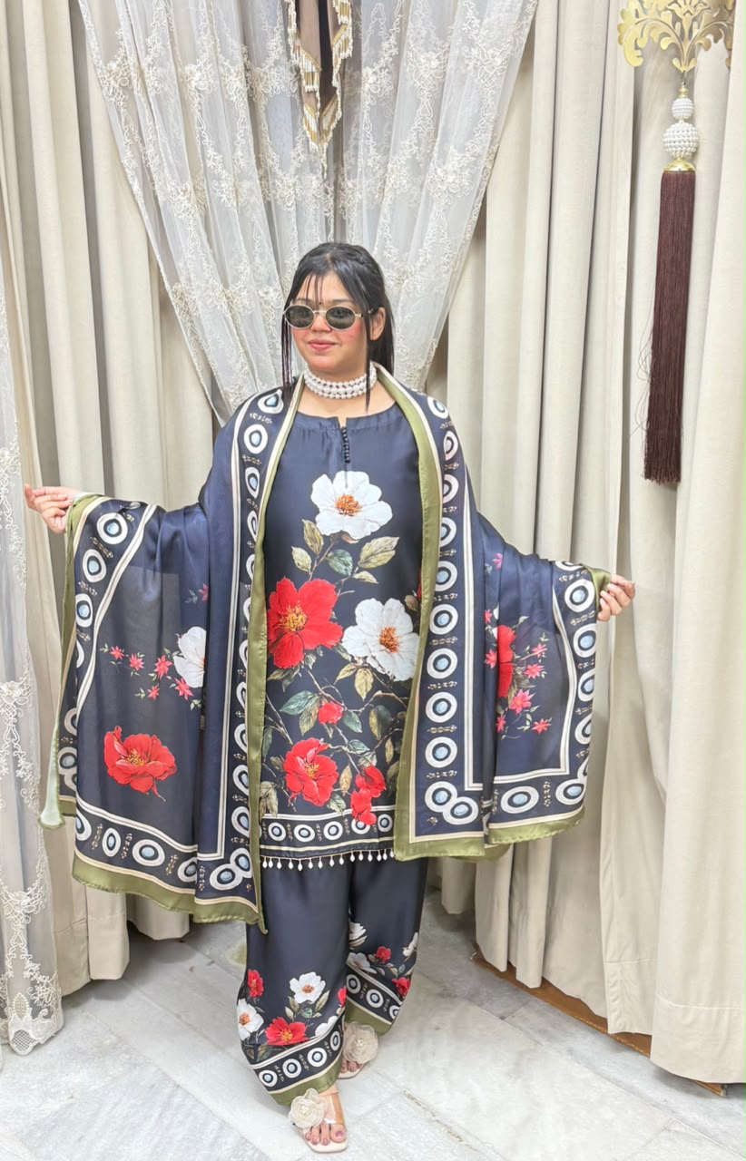 Designer Black Floral Printed Pure Poly Crepe Farshi Suit Set