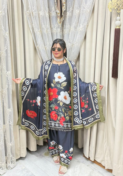 Designer Black Floral Printed Pure Poly Crepe Farshi Suit Set