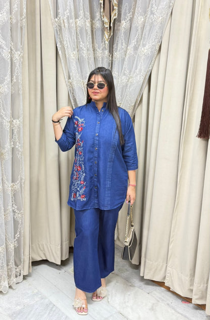 Women Blue Embroidered Denim Co-ord set