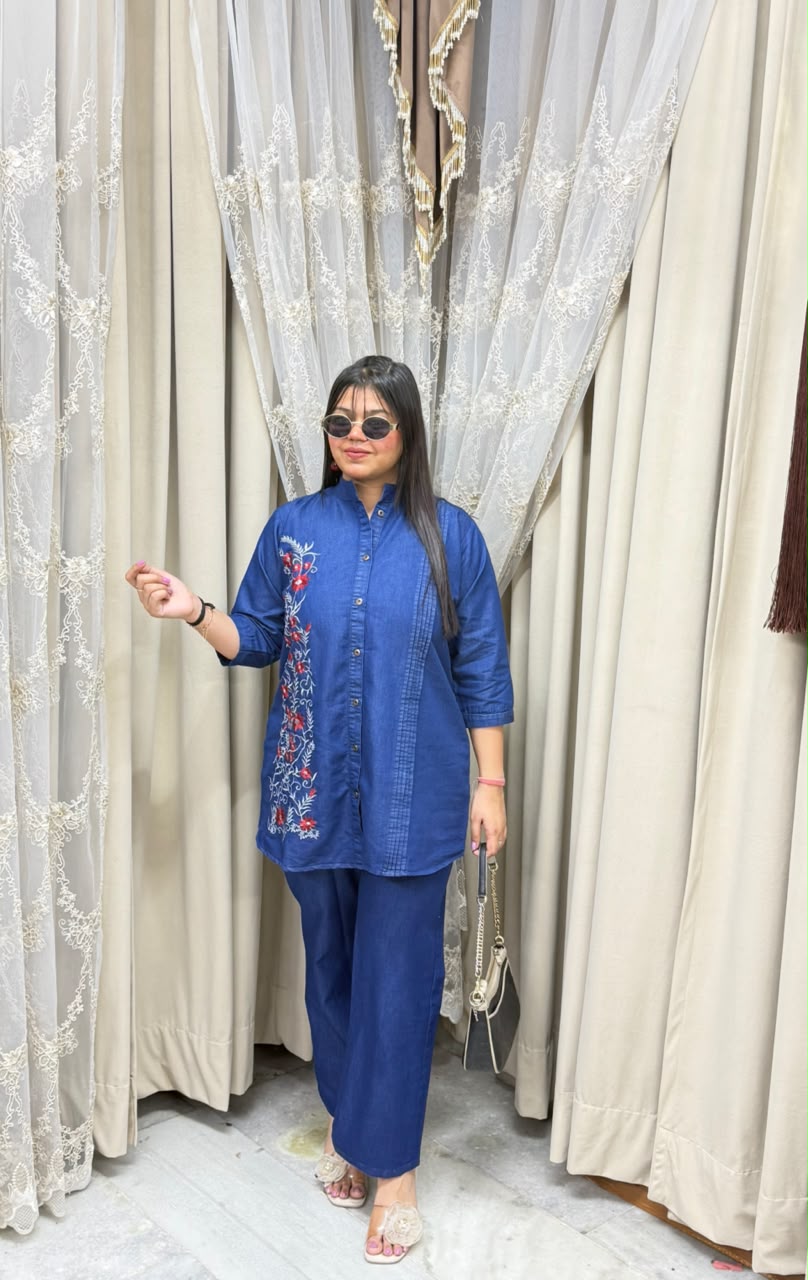 Women Blue Embroidered Denim Co-ord set