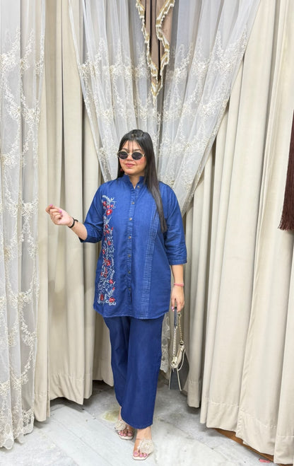 Women Blue Embroidered Denim Co-ord set