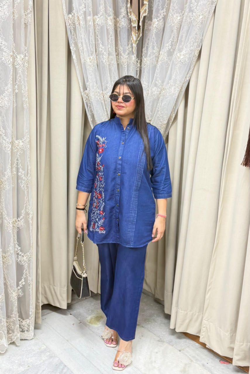 Women Blue Embroidered Denim Co-ord set