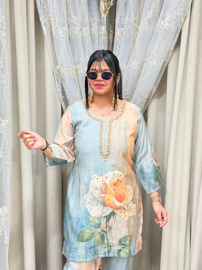 The Rose Floral Print Cotton Silk Cord Set with Handwork