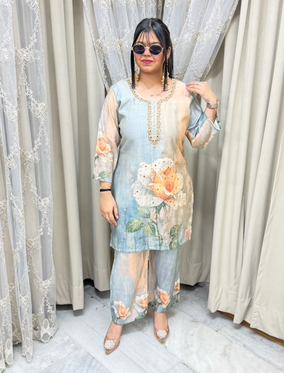 The Rose Floral Print Cotton Silk Cord Set with Handwork