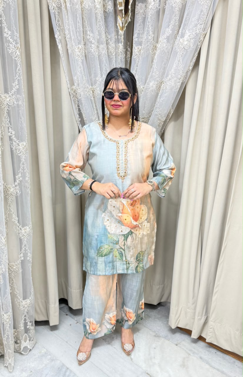The Rose Floral Print Cotton Silk Cord Set with Handwork