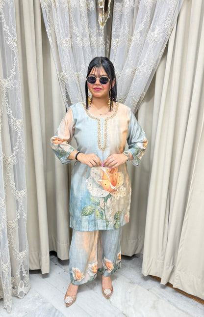 The Rose Floral Print Cotton Silk Cord Set with Handwork