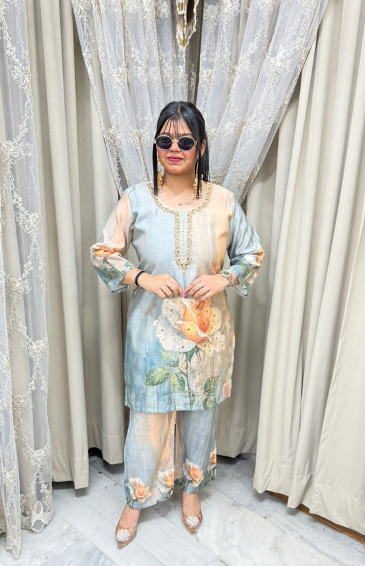 The Rose Floral Print Cotton Silk Cord Set with Handwork