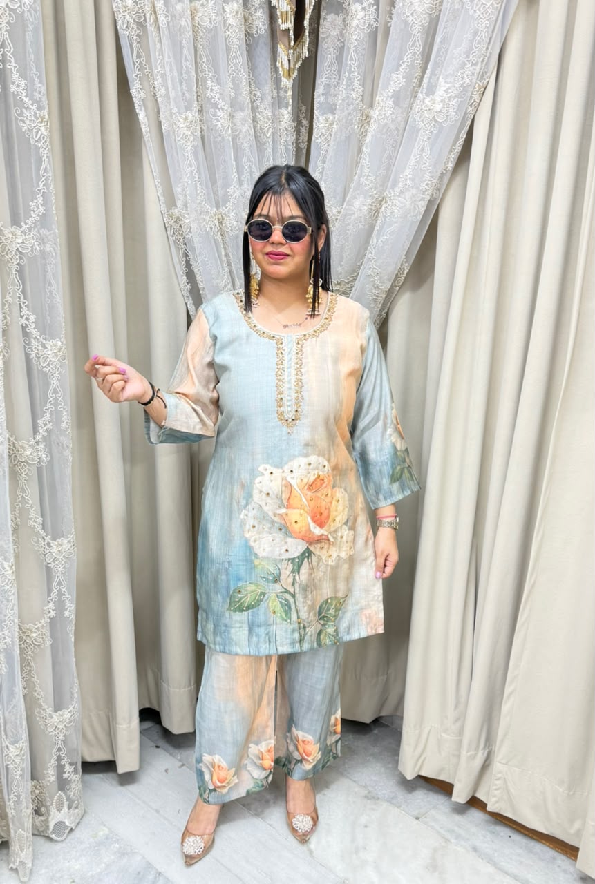 The Rose Floral Print Cotton Silk Cord Set with Handwork
