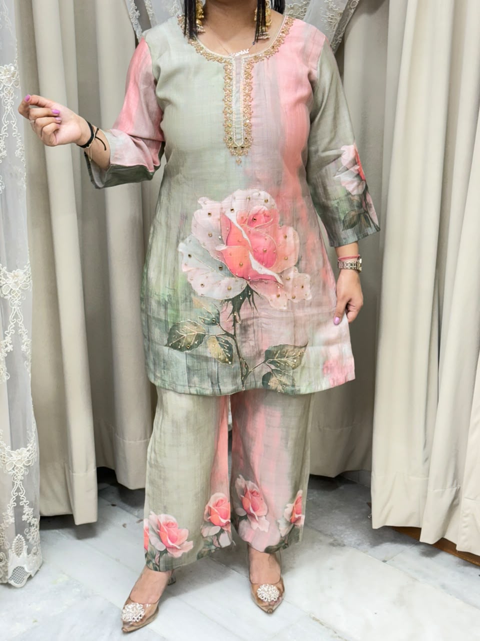 The Rose Floral Print Cotton Silk Cord Set with Handwork