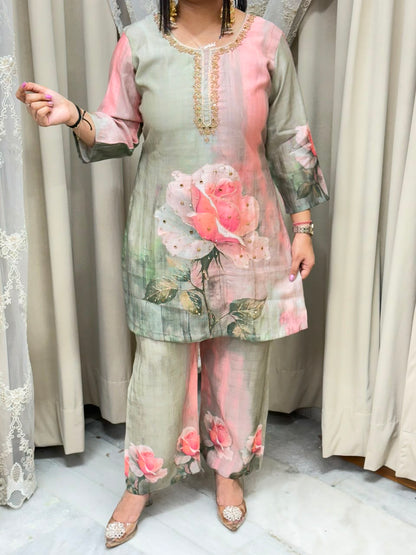 The Rose Floral Print Cotton Silk Cord Set with Handwork