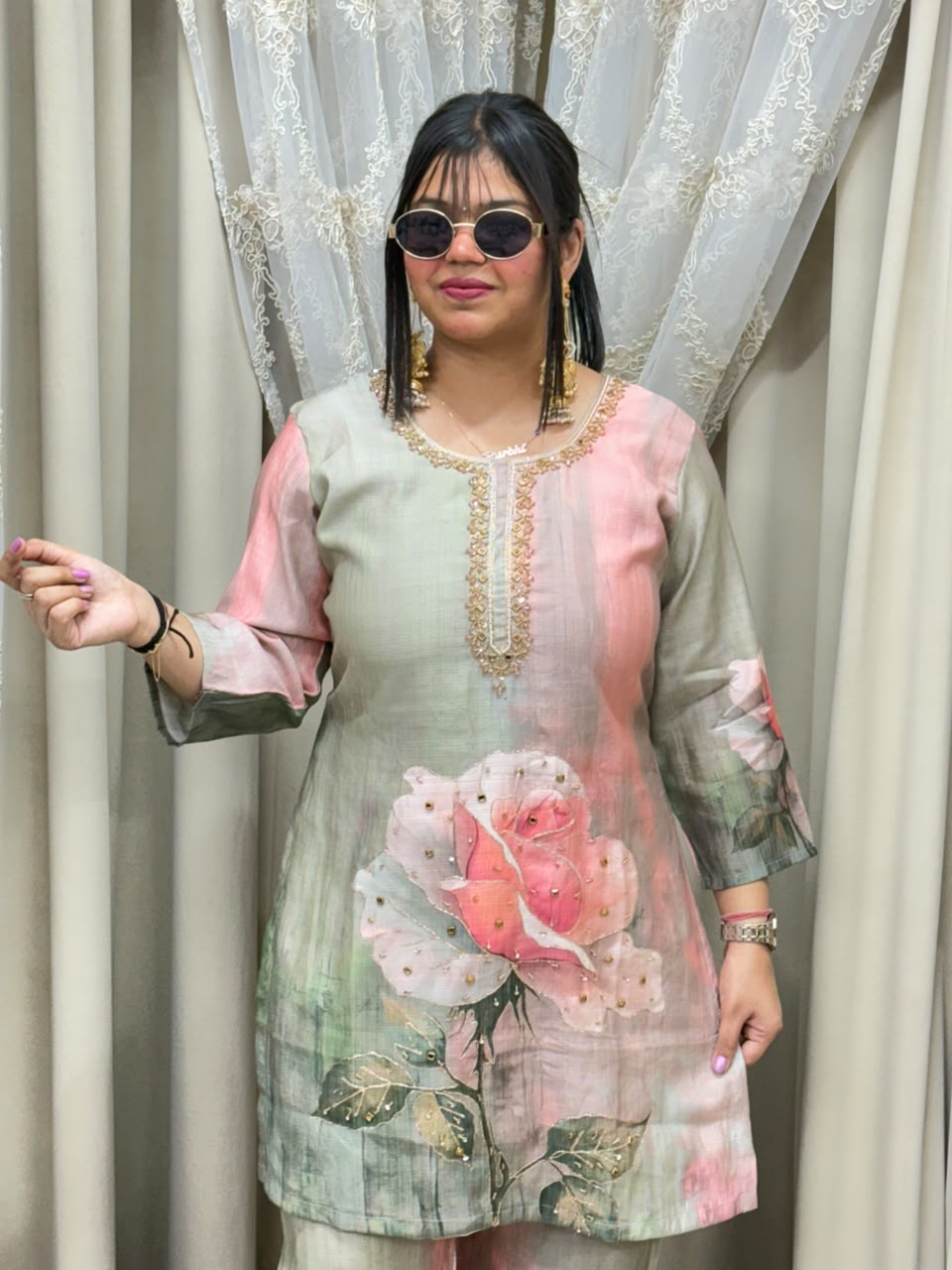The Rose Floral Print Cotton Silk Cord Set with Handwork