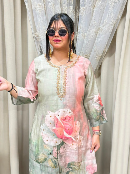 The Rose Floral Print Cotton Silk Cord Set with Handwork