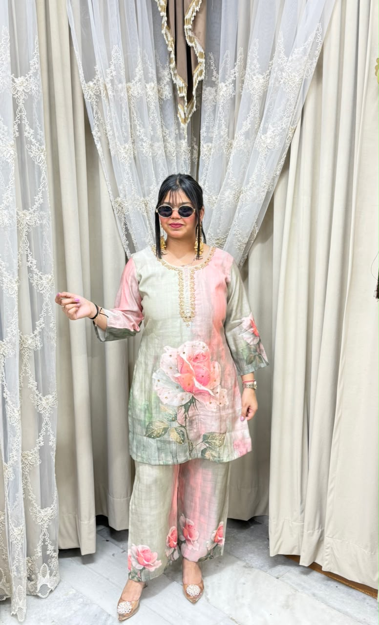 The Rose Floral Print Cotton Silk Cord Set with Handwork