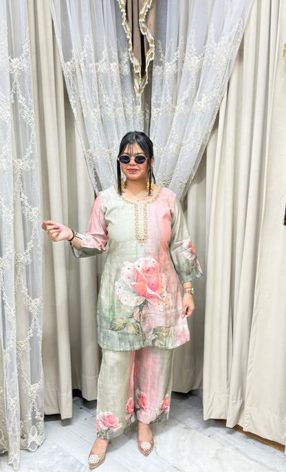 The Rose Floral Print Cotton Silk Cord Set with Handwork