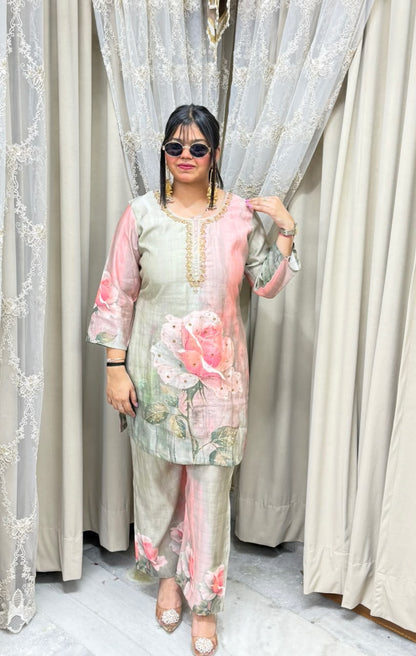 The Rose Floral Print Cotton Silk Cord Set with Handwork