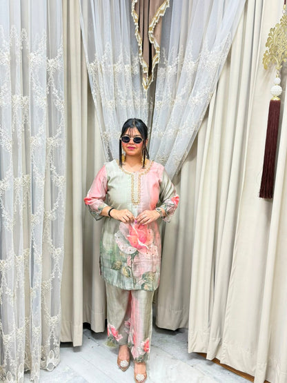 The Rose Floral Print Cotton Silk Cord Set with Handwork