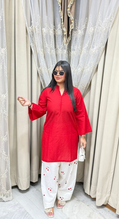 BK Fashions Cherry Embroidered Cotton Co-ord Set