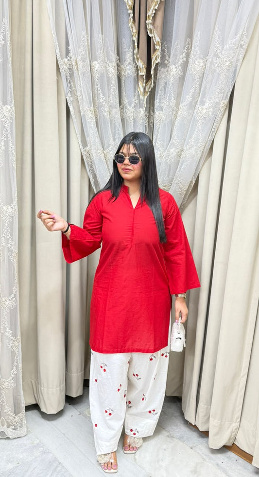 BK Fashions Cherry Embroidered Cotton Co-ord Set