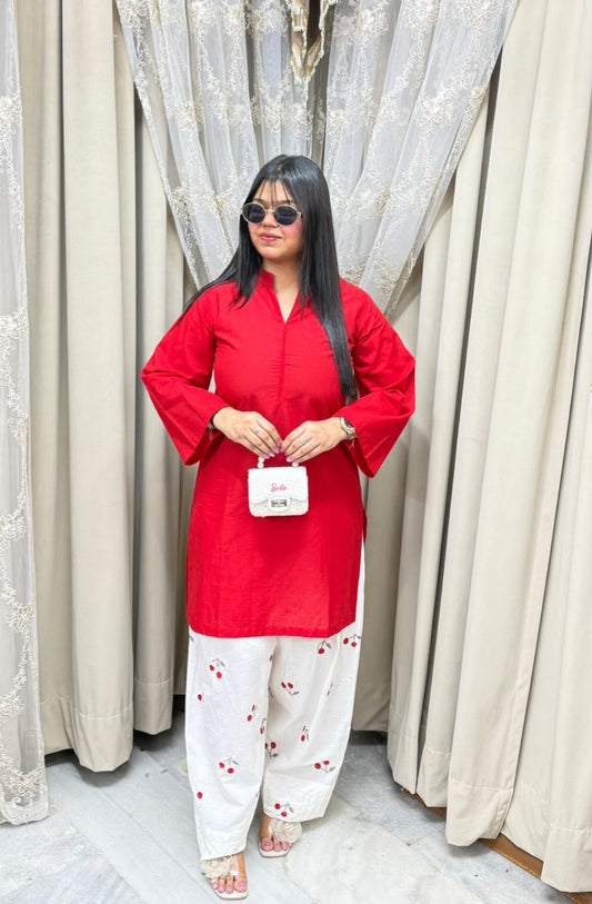 BK Fashions Cherry Embroidered Cotton Co-ord Set