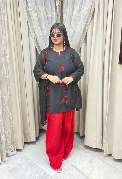 BK Fashions Black & Red Heart Motif Cotton Suit Set