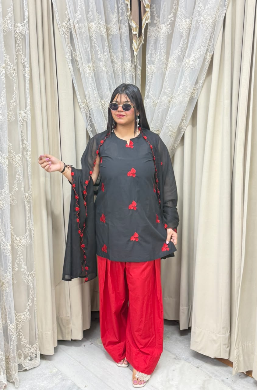 BK Fashions Black & Red Heart Motif Cotton Suit Set
