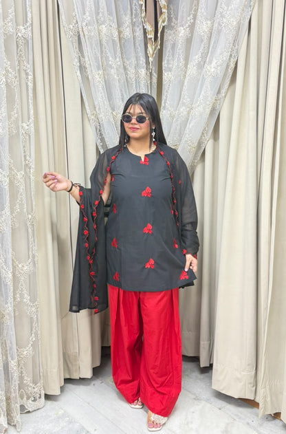 BK Fashions Black & Red Heart Motif Cotton Suit Set