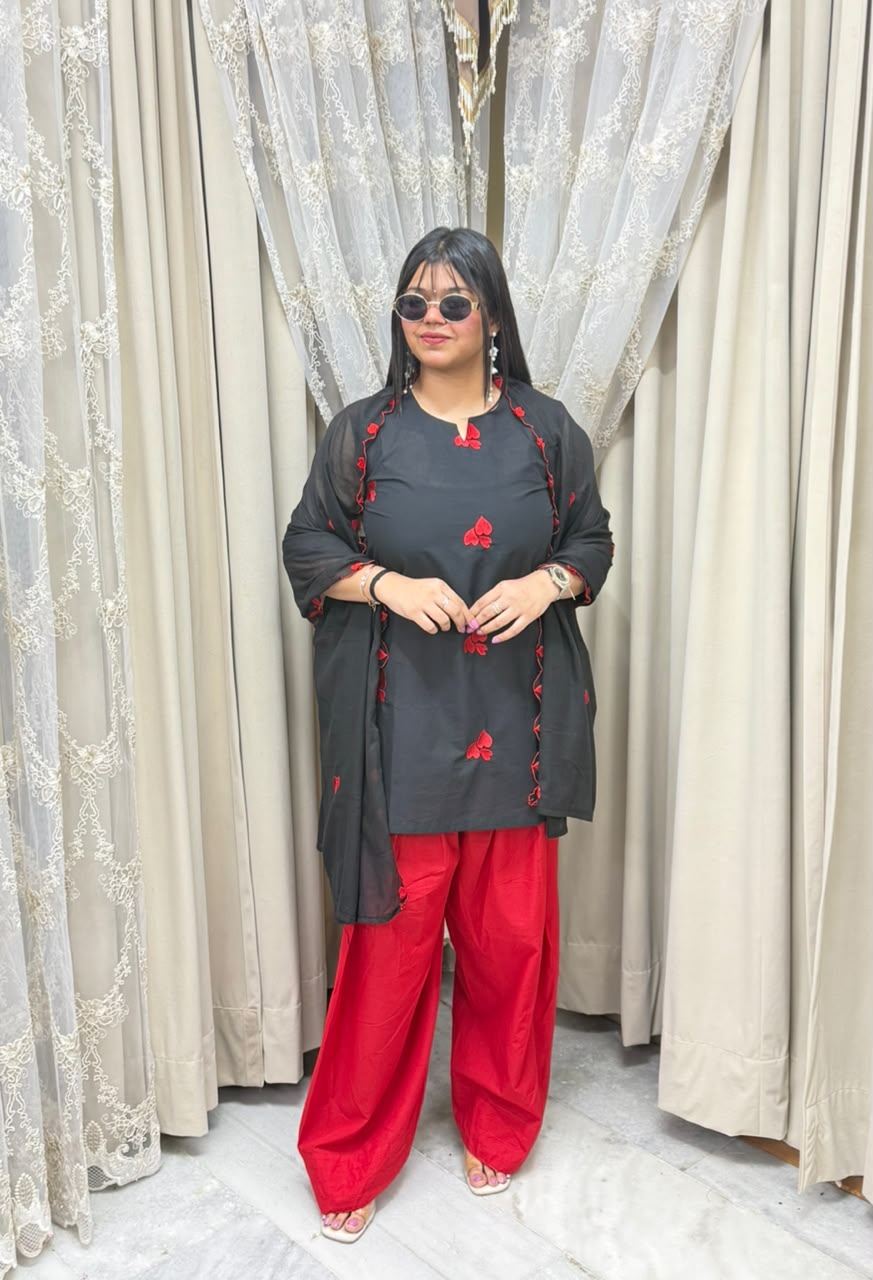 BK Fashions Black & Red Heart Motif Cotton Suit Set