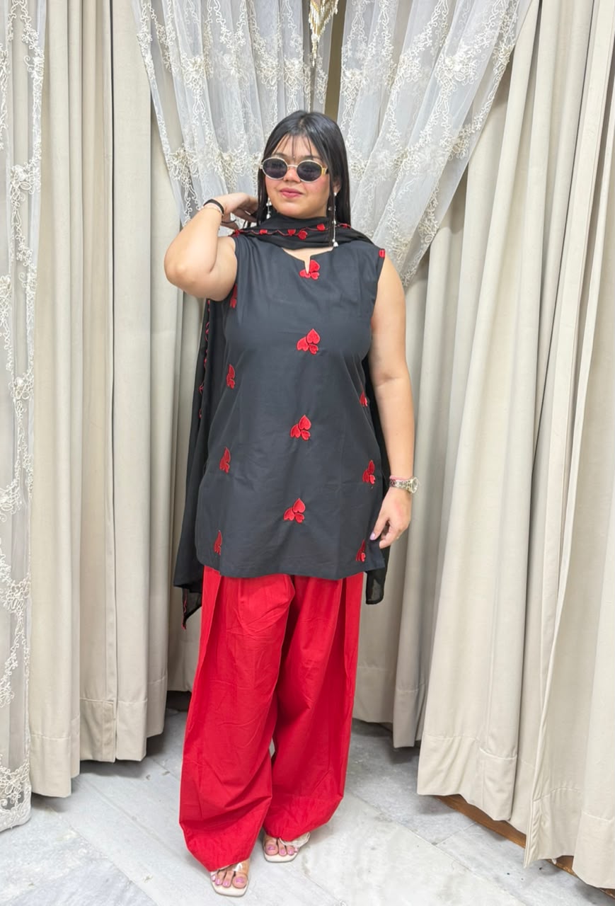 BK Fashions Black & Red Heart Motif Cotton Suit Set
