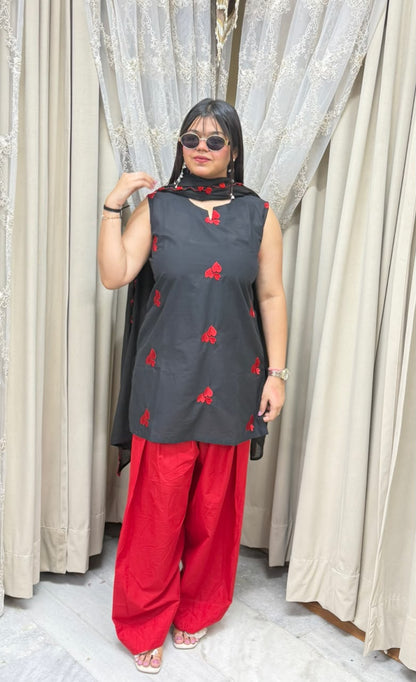 BK Fashions Black & Red Heart Motif Cotton Suit Set