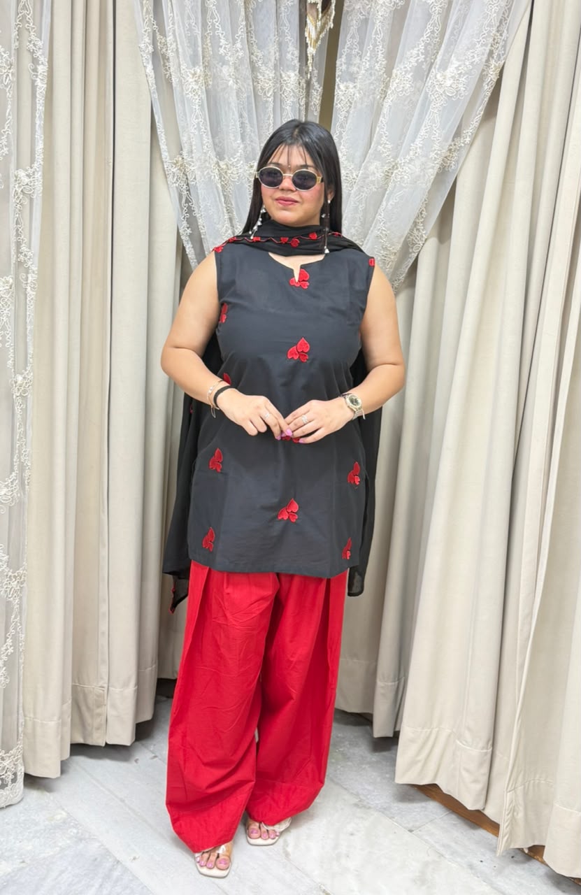BK Fashions Black & Red Heart Motif Cotton Suit Set