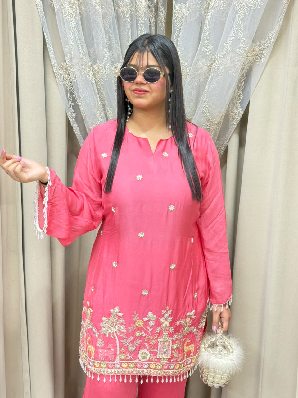 BK Fashions Designer Handwork Pure Chinon Co-ord Set