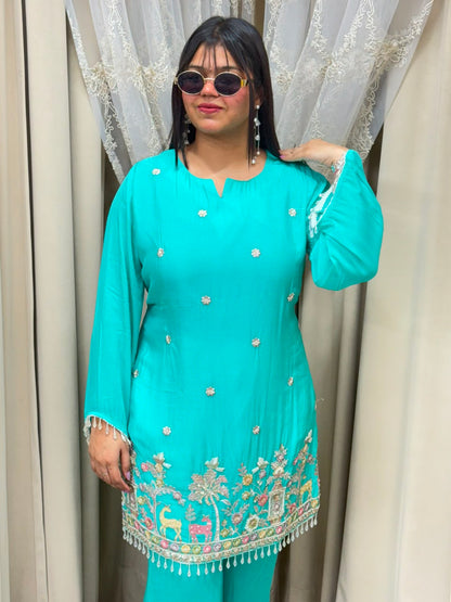 BK Fashions Designer Handwork Pure Chinon Co-ord Set