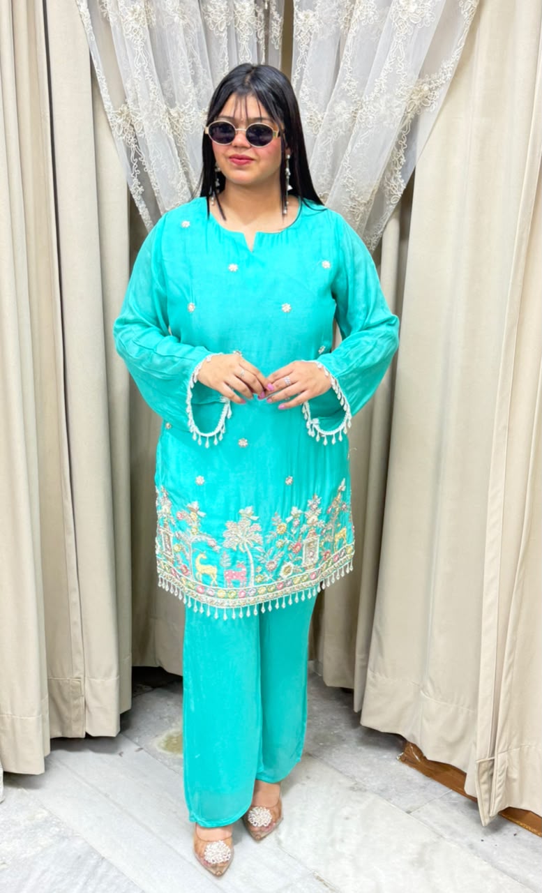 BK Fashions Designer Handwork Pure Chinon Co-ord Set